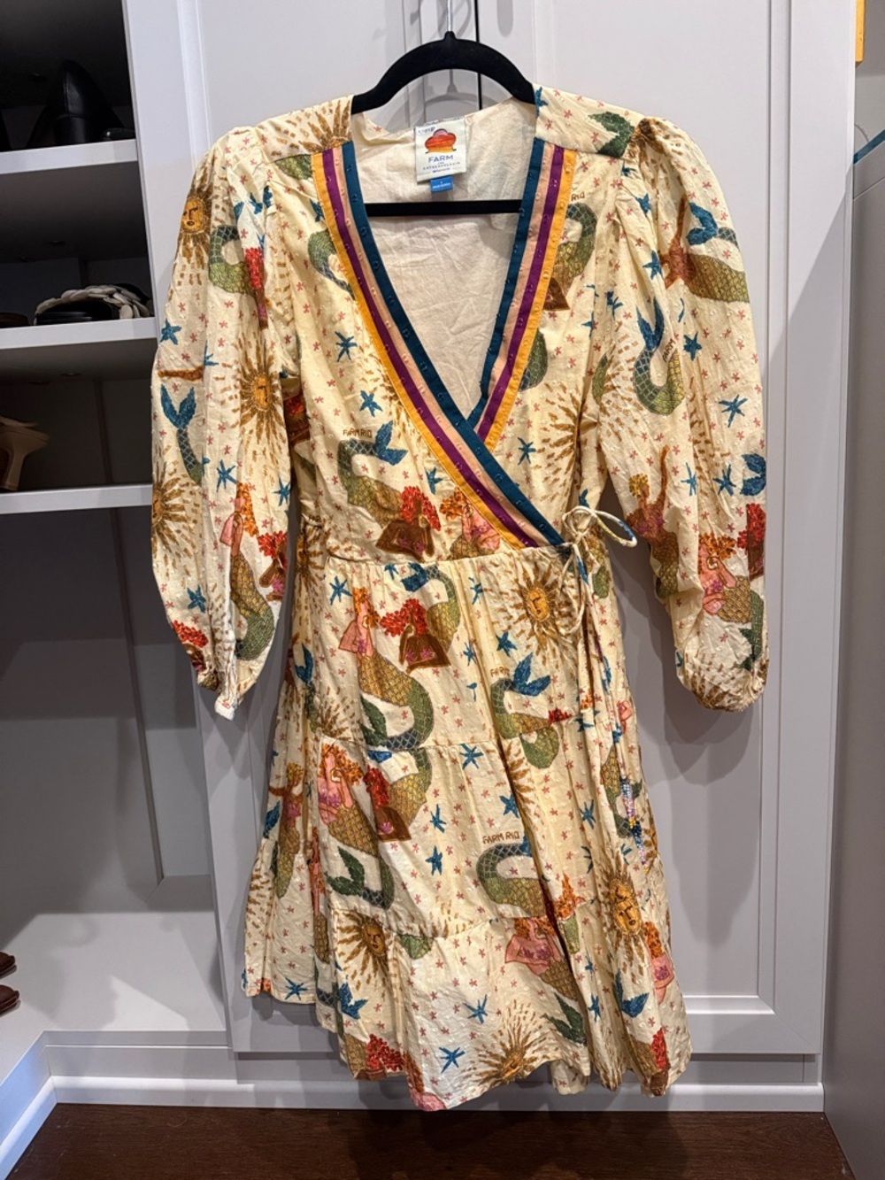 FARM Rio Cream Wrap Dress with Multicolor Sun & Mermaid Motif
